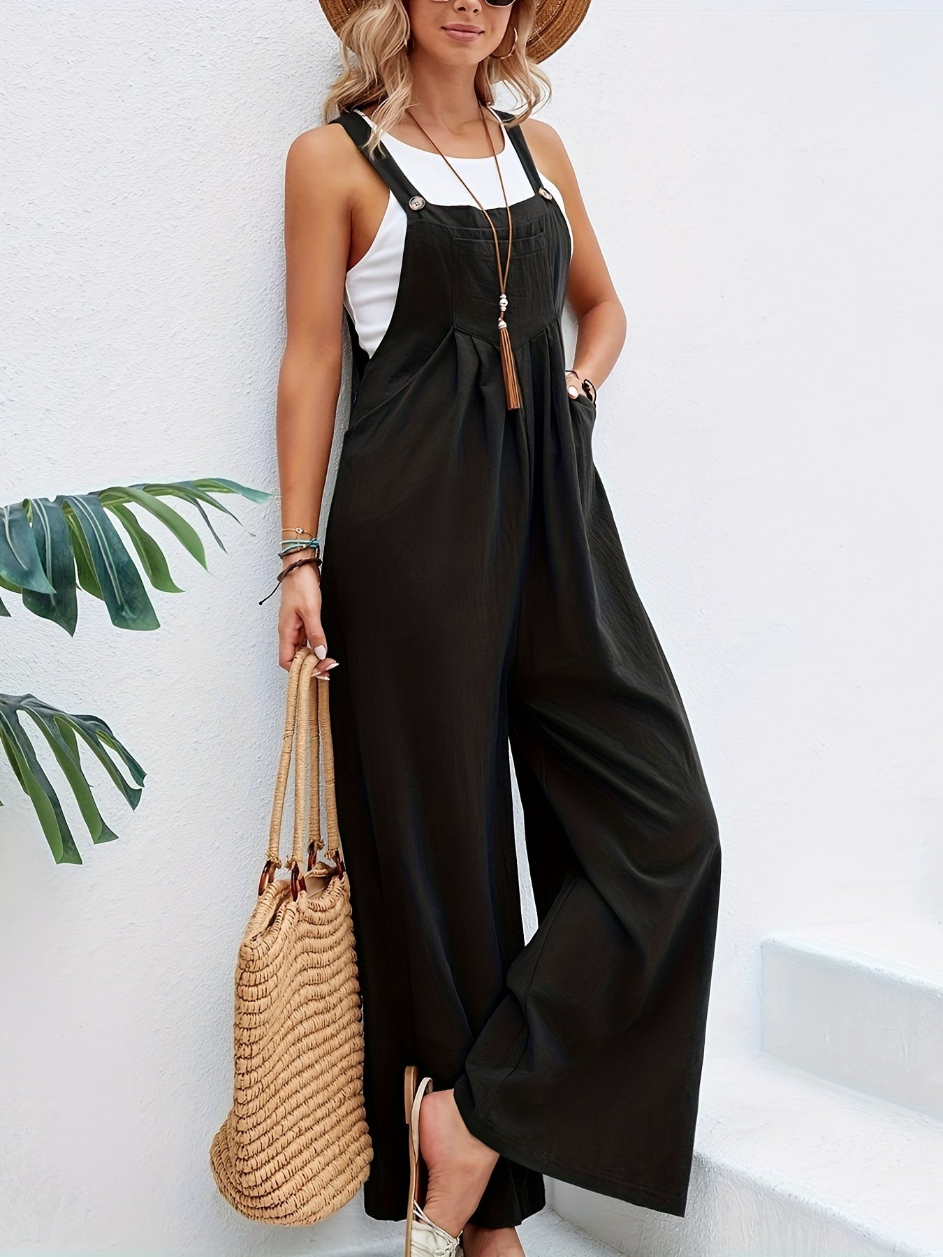 Boho Solid Sleeveless Long Length Jumpsuit, Casual Baggy Jumpsuit With Pockets, Women's Clothing