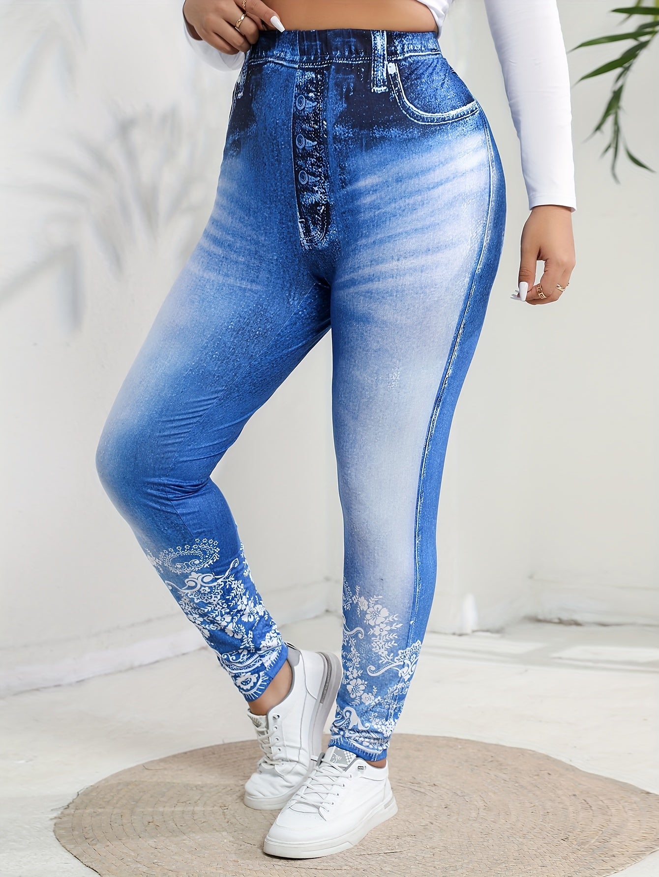 Plus Size Casual Pants, Women's Plus Denim Print Elastic High Rise Medium Stretch Skinny Trousers