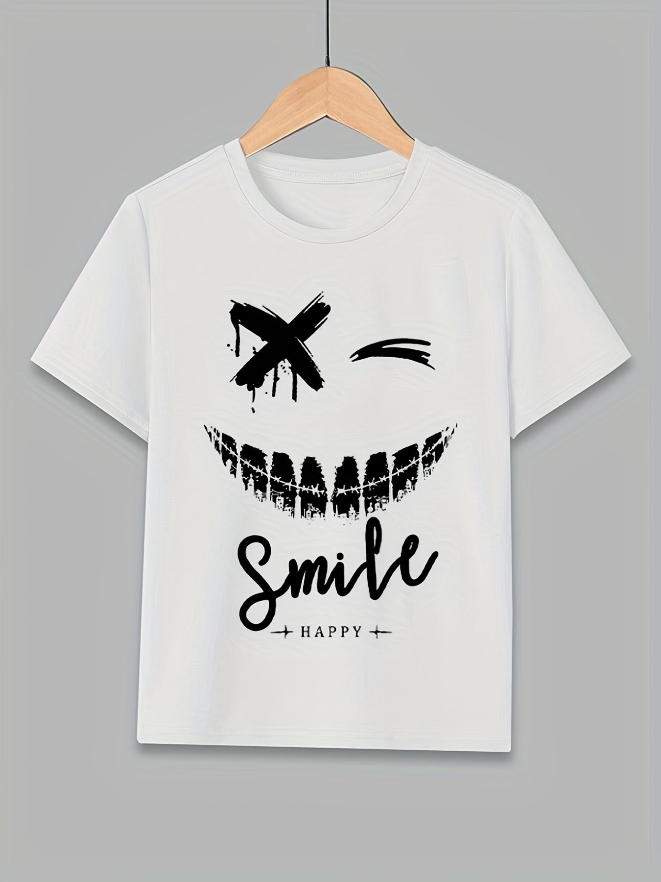 Toddler Boys' Cotton Graphic T Shirt With "Letter & Smile" Print Casual Comfortable Round Neck Tees Top Kids Summer Clothes