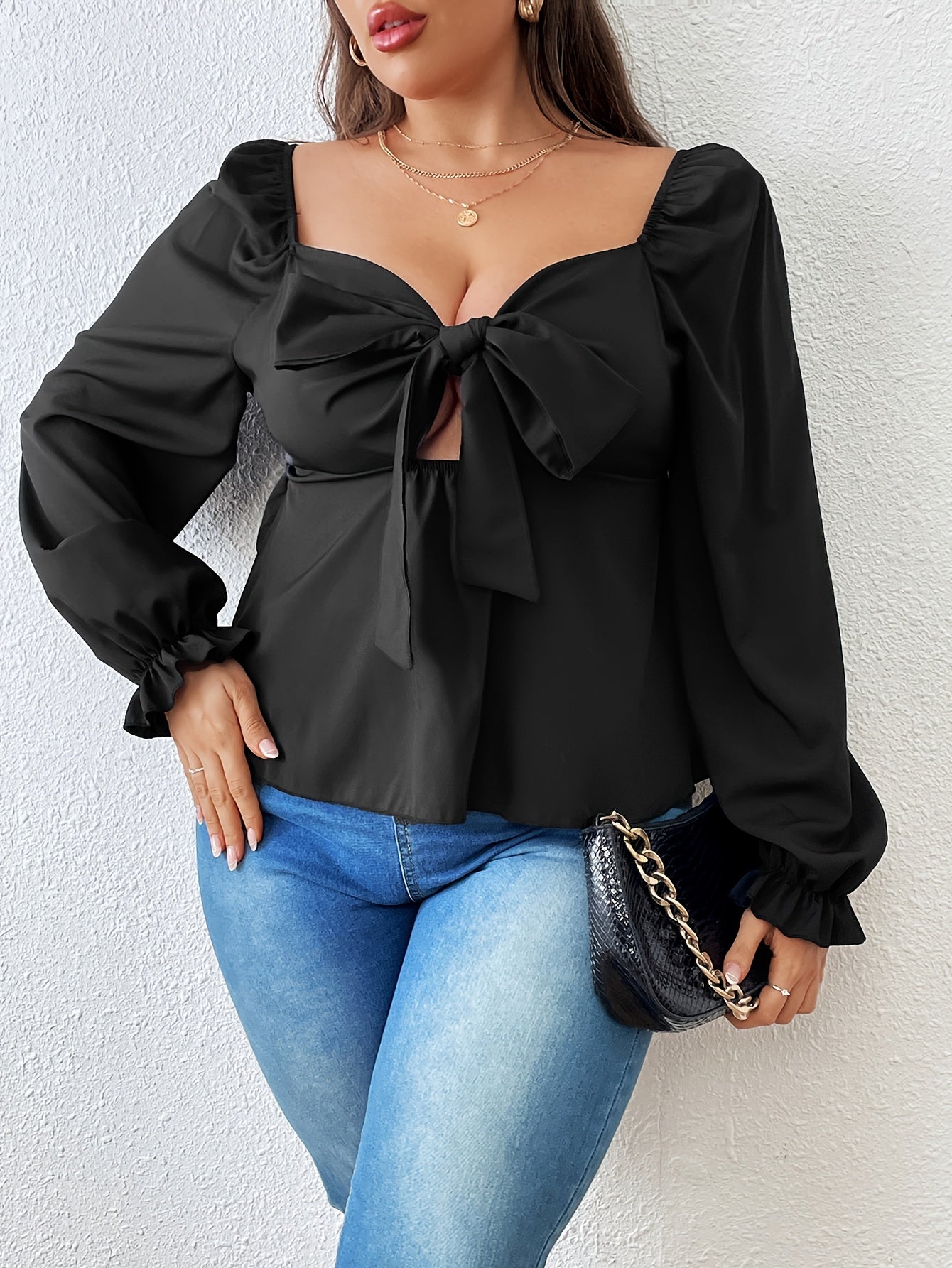 Plus Size Casual Blouse, Women's Plus Solid Lantern Sleeve V Neck Knot Cut Out Peplum Top