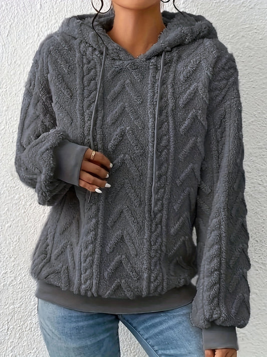 Plus Size Casual Sweatshirt, Women's Plus Solid Fleece Jacquard Long Sleeve Drawstring Hoodie