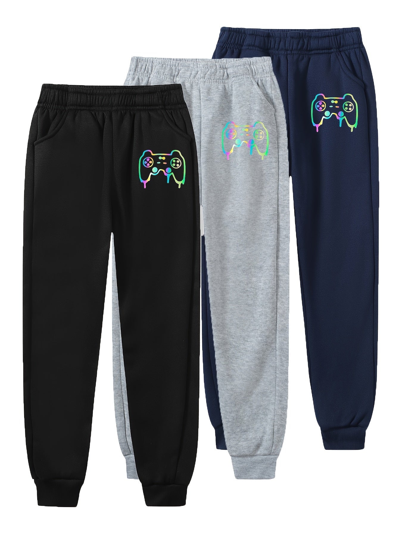 3pcs Kid's Game Console Print Sweatpants, Warm Fleece Elastic Waist Jogger Pants, Boy's Clothes For Fall Winter, As Gift