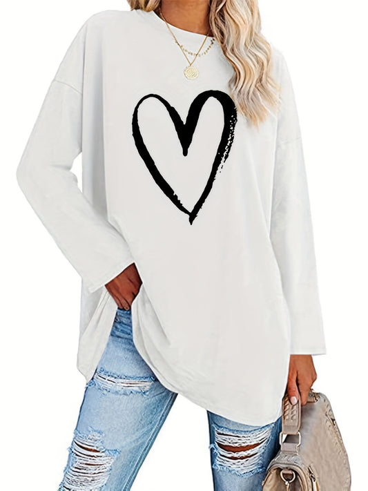 Plus Size Casual T-shirt, Women's Plus Heart Print Long Sleeve Round Neck Medium Stretch Top