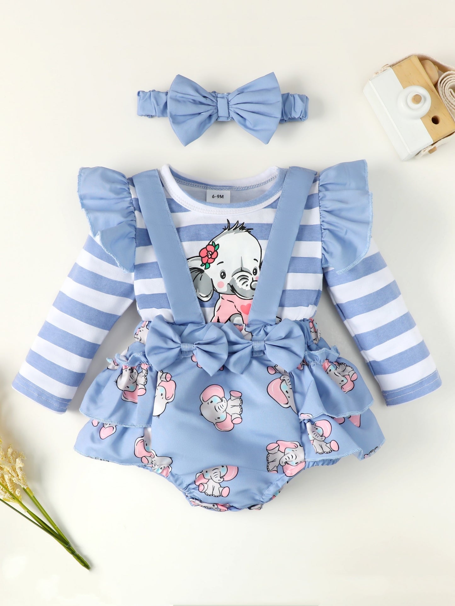 2pcs Baby Girls Cute Elephant Fly Sleeve Onesie & Headband Set Clothes