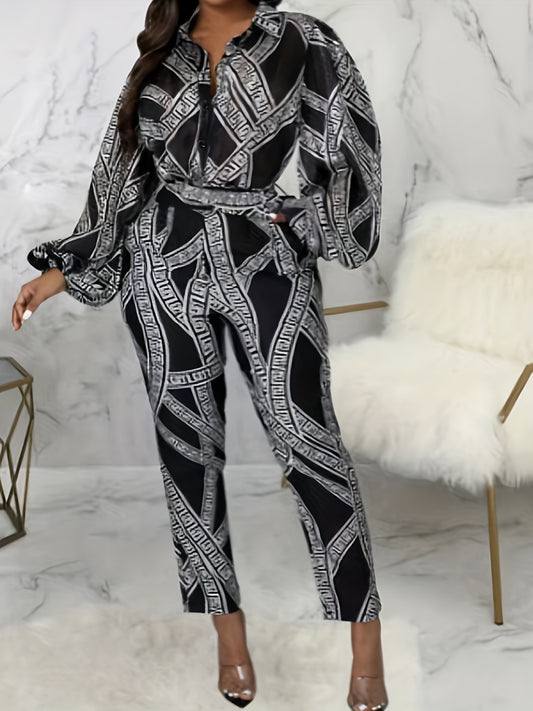 Plus Size Casual Jumpsuit, Women's Plus Greek Print Button Up Lantern Sleeve Turn Down Collar Jumpsuit With Pockets