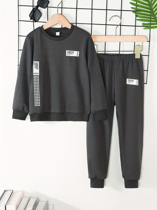 Boy's Trendy 2pcs, Sweatshirt & Sweatpants Set, TOKYO Print Long Sleeve Top, Casual Outfits, Kids Clothes For Spring Fall