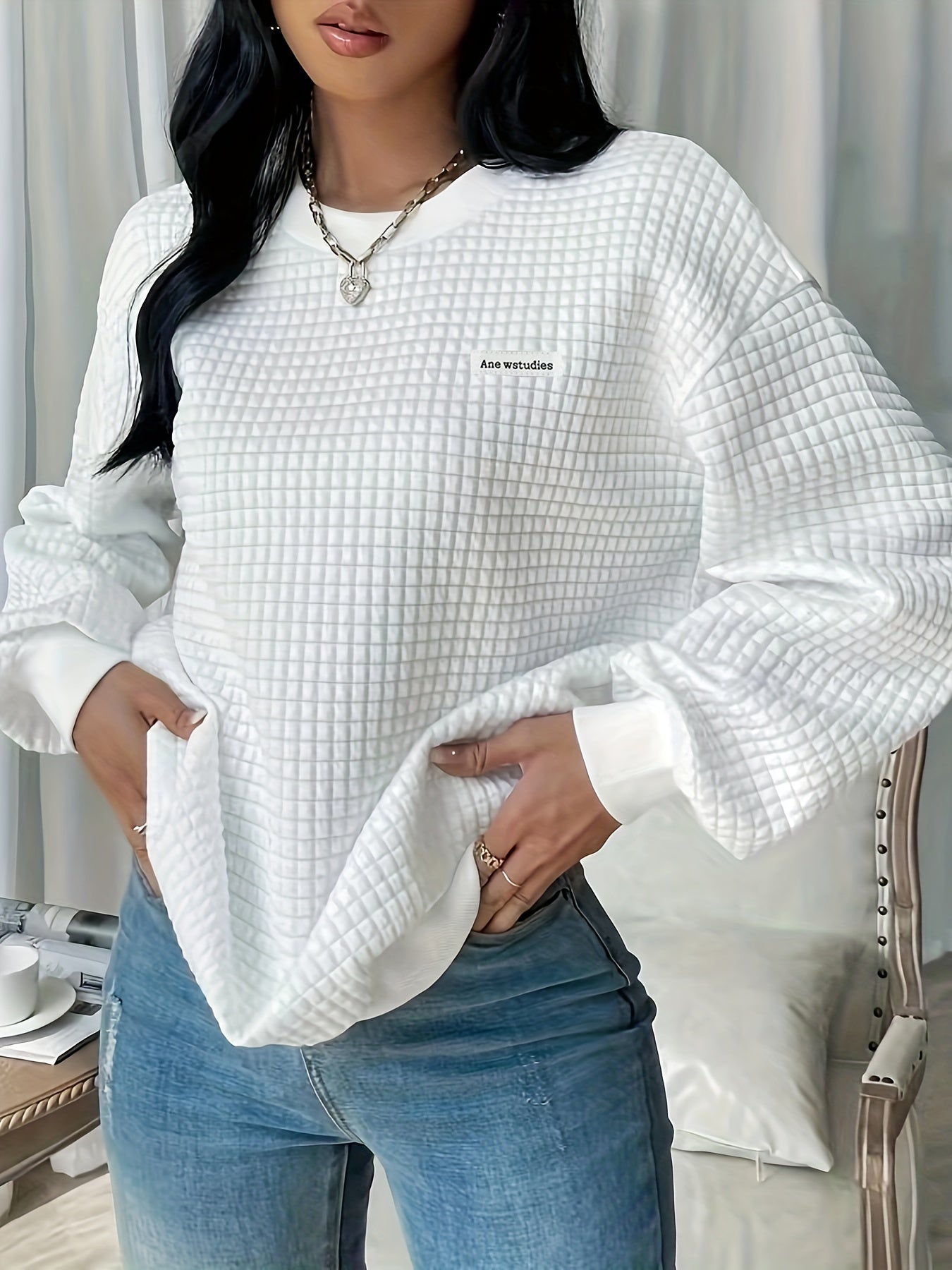 Plus Size Casual Sweatshirt, Women's Plus Solid Letter Patch Waffle Pattern Long Sleeve Round Neck Sweatshirt