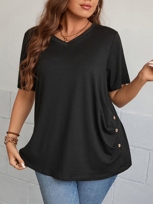 Plus Size Casual Top, Women's Plus Solid Button Decor Short Sleeve V Neck Ruched Tee