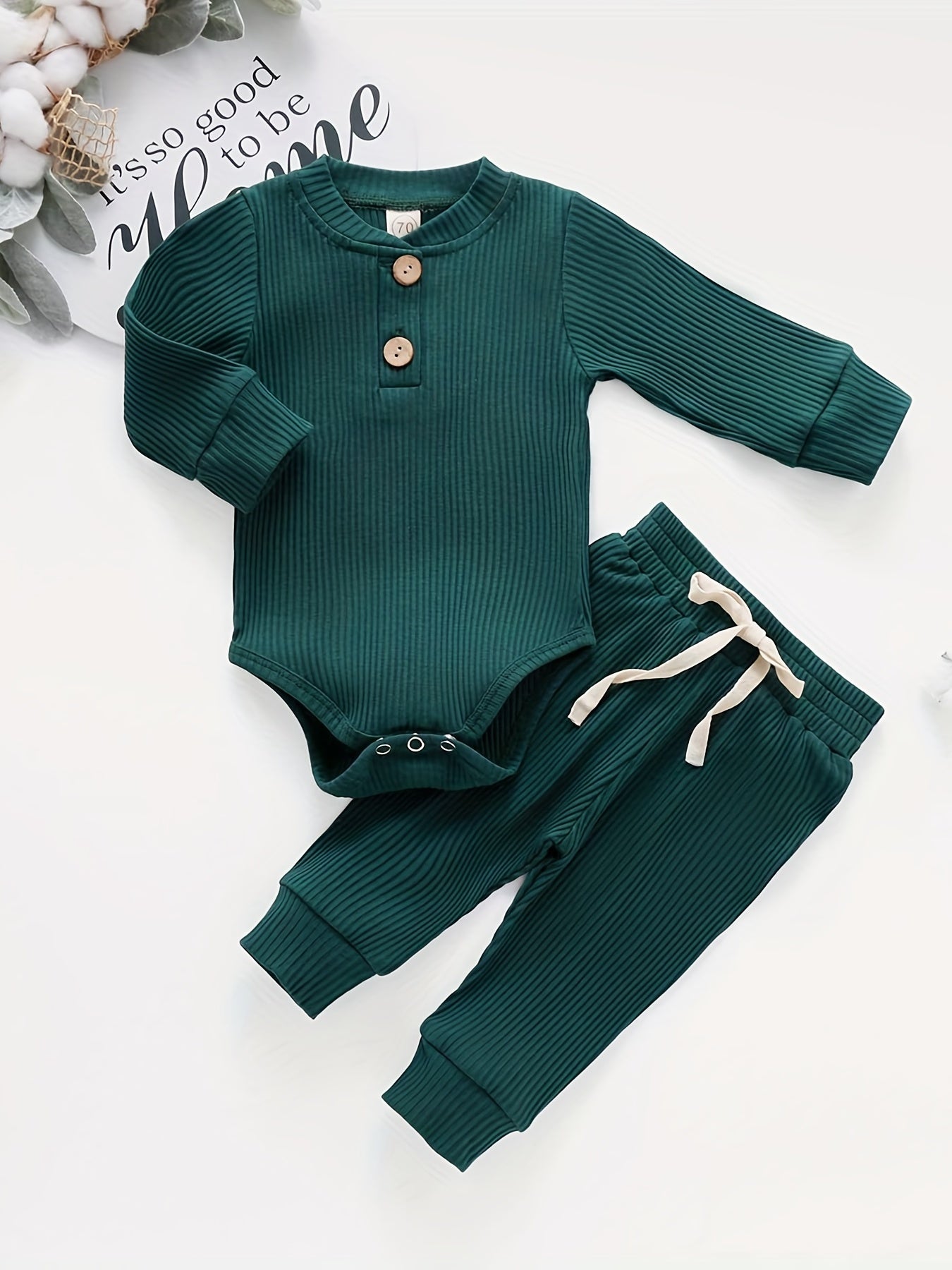 2pcs Baby Infant Boys And Girls Casual Plain Color Long Sleeve Onesie & Pants Set Clothes