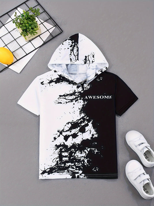 Fashion Ink Print Boys Creative Hooded T-shirt, Casual Lightweight Comfy Short Sleeve Tee Tops, Kids Clothings For Summer