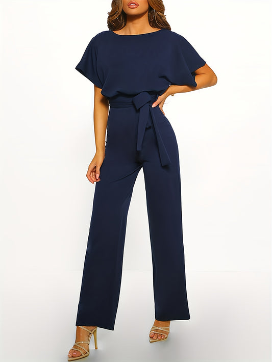 Batwing Sleeve Belted Jumpsuit, Solid Casual Jumpsuit, Women's Clothing