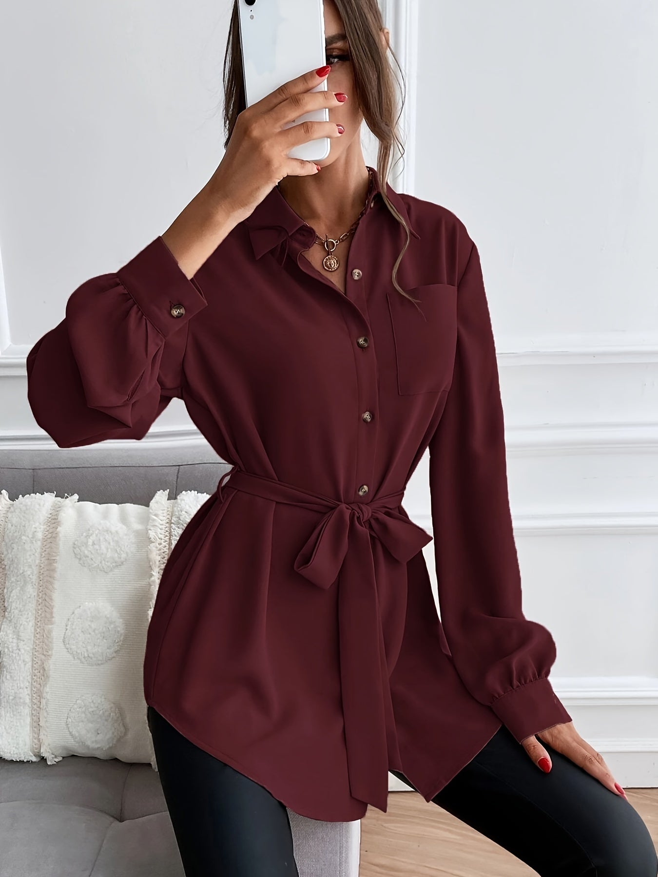 Button Front Basic Shirt, Casual Solid Long Sleeve Shirt, Women's Clothing