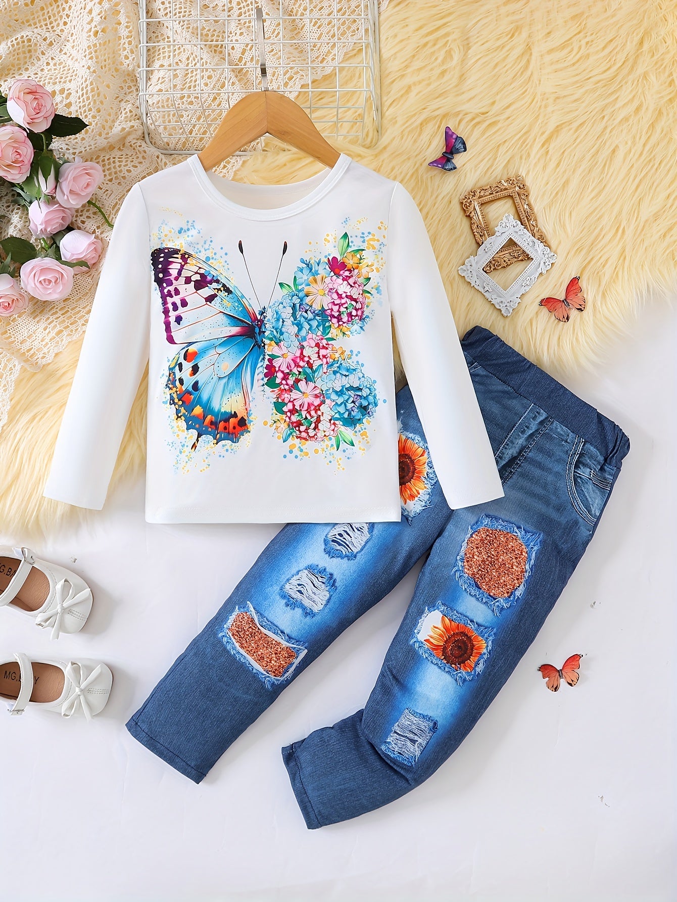 Toddlers Girls 2-piece Set Creative Butterfly Pattern Long Sleeve Top+ Printed Fake Pocket Denim Casual Clothes For Spring & Autumn
