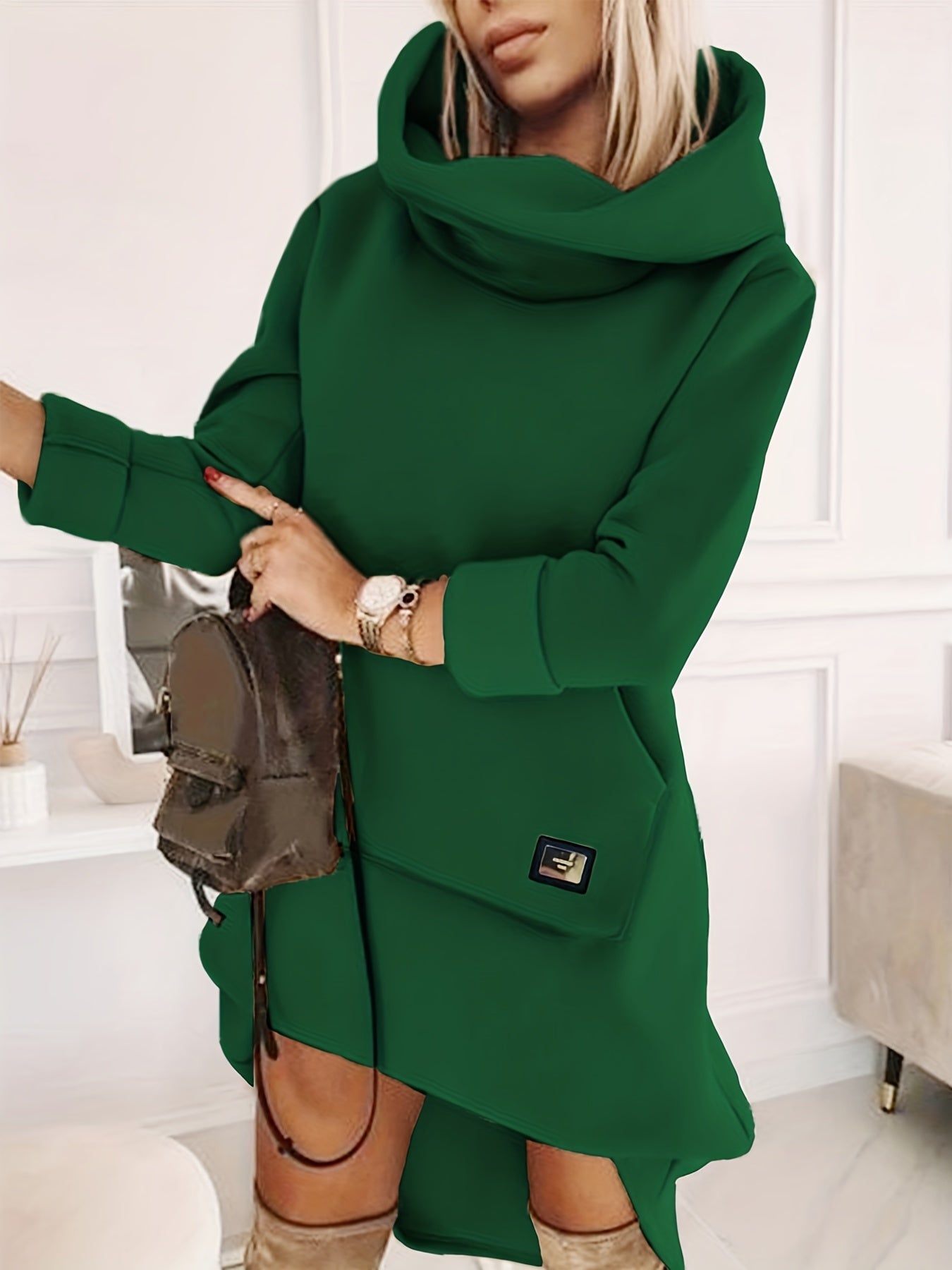 Hooded Solid Sweatshirt Dress, Casual Long Sleeve Kangaroo Pocket Midi Dress, Women's Clothing