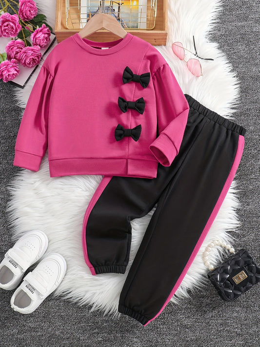 Girls 2pcs Sweatshirt & Elastic Waist Pants Set Bow Decor Long Sleeve Pullover Top Casual Kids Clothes Spring Fall