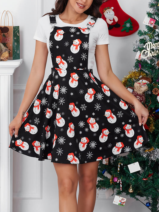 Christmas Snowman Print Overall Dress, Elegant Sleeveless Backless Party Dress, Women's Clothing