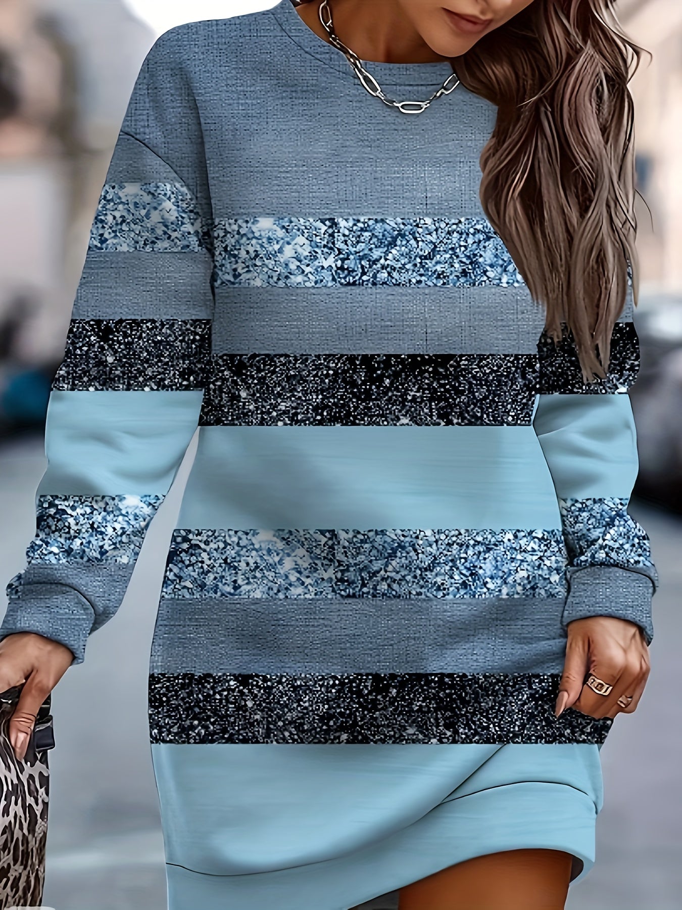 Plus Size Casual Sweatshirt, Women's Plus Colorblock Striped Print Long Sleeve Round Neck Slight Stretch Sweatshirt Dress