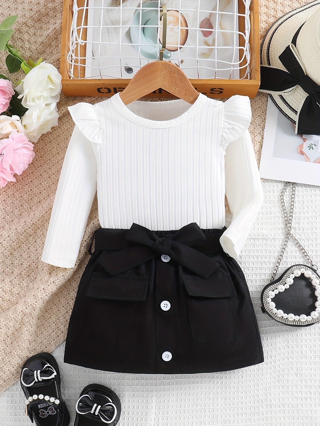 Baby Girl's Ribbed Knit Ruffle Long Sleeve Romper + Belted Pocket Skirt Set, Bodysuit Onesie Outfit, Newborn's Clothes