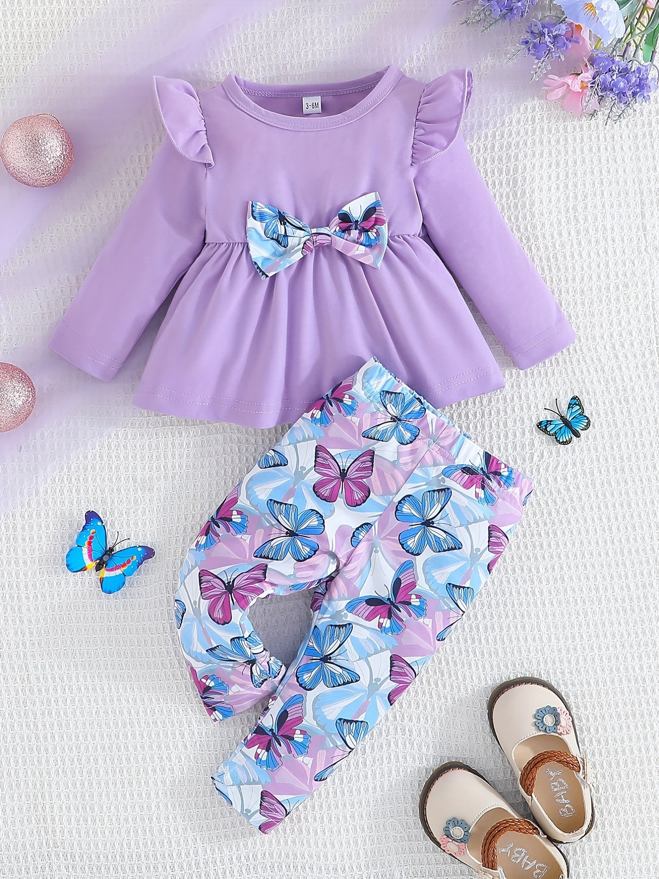 Baby Girls Bow Long Sleeve Romper + Butterfly Print Pants 2pcs Set