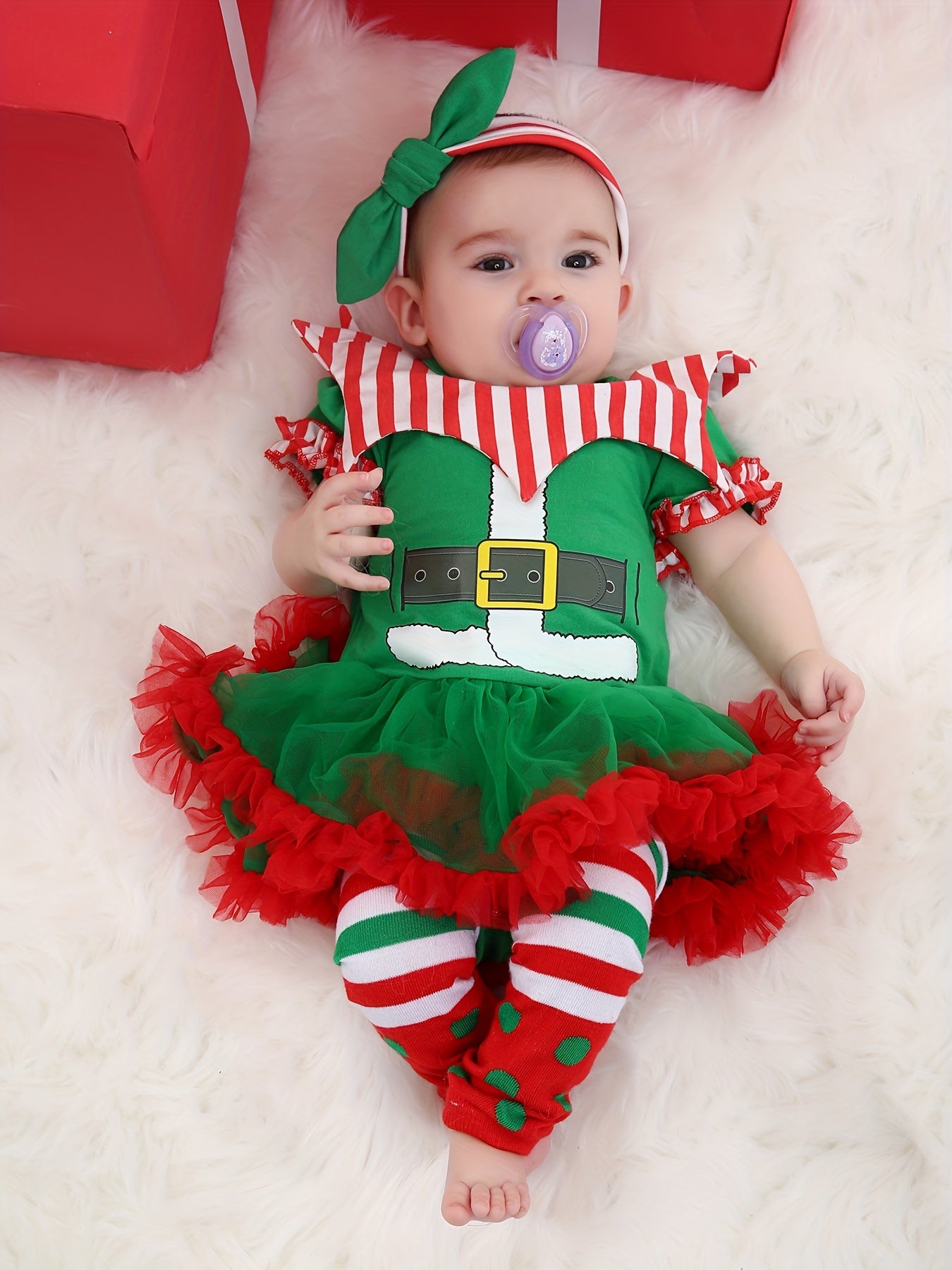 3pcs Baby Girls Christmas Party Dress Up! Stylish Cute Short Sleeve Clown Onesie Dress Socks Set