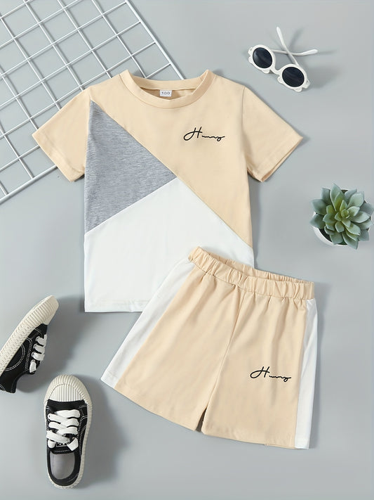 Boys 2pcs Color Block Round Neck T-shirt & Shorts Set Kids Clothes Casual Summer
