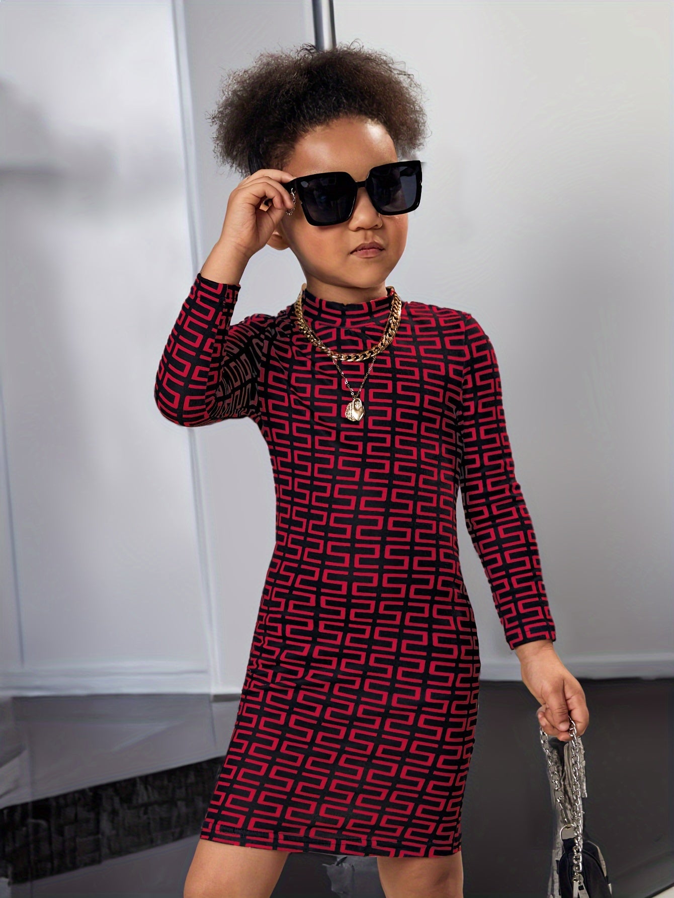 Girls Elegant Geometric Print Mock Neck Long Sleeve Bodycon Dress For 4-7 Years Old, Spring And Autumn