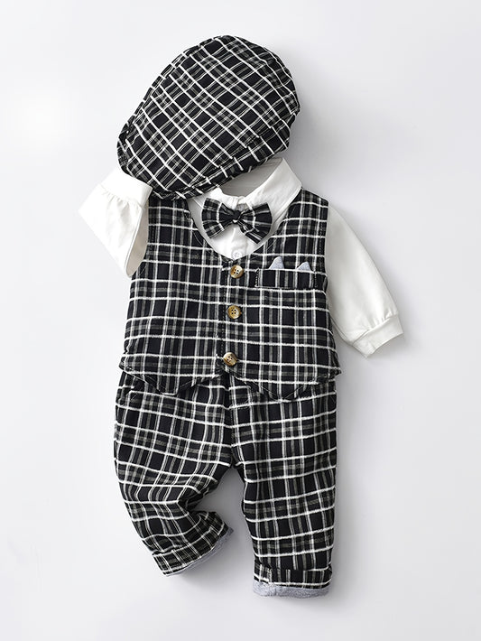 Gentleman Style Baby Boys Cotton Outfit -  Lapel Button Down Bow Plaid Fake Two-Piece Vest Romper + Plaid Pants + Hat 3pcs Suit - Birthday Party Wedding Dress Up