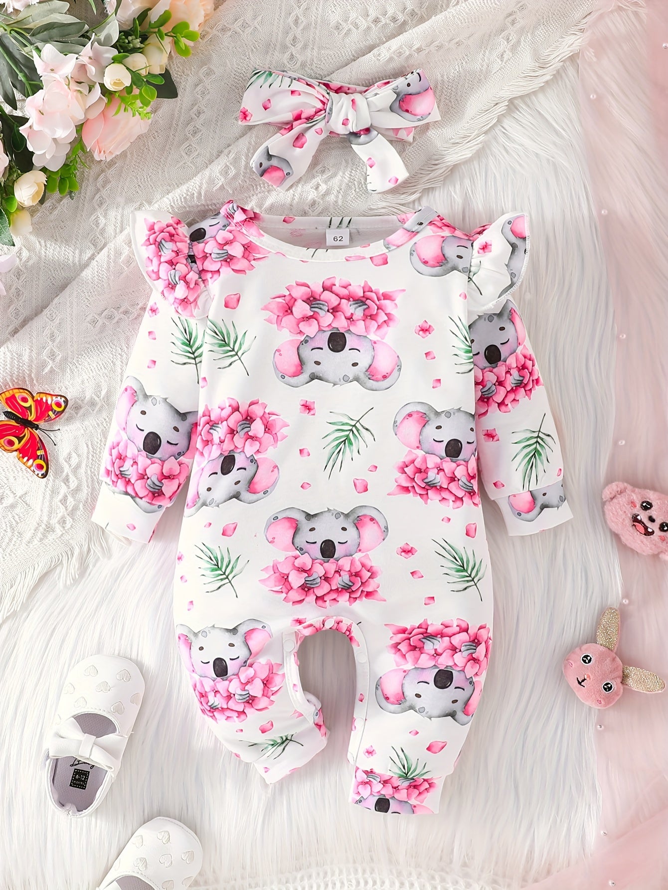 Newborn Baby New Cute Cartoon Animal Koala Allover  Print Bodysuit + Headband Two-piece Set For Baby Girls