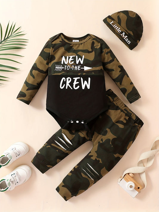 Baby Boy's Camouflage Long Sleeve Suit, NEW TO THE CREW Letter Printed Romper & Trousers Set, Cotton Comfy Casual Set For Newborn