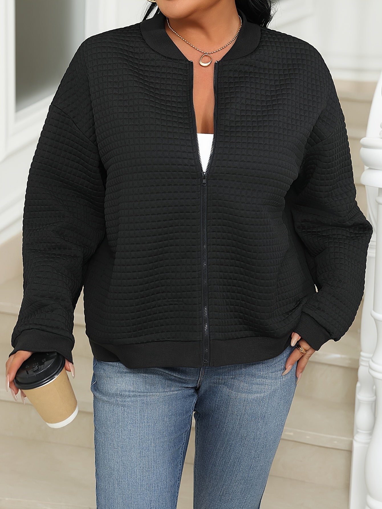 Plus Size Casual Jacket, Women's Plus Solid Textured Zipper Long Sleeve Slight Stretch Bomber Jacket