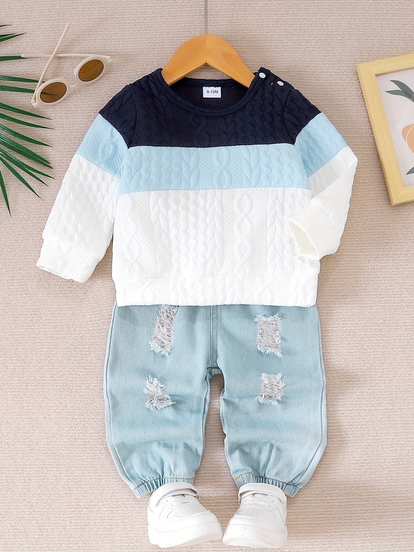 Toddler Baby Boys Stylish Outfit - Long Sleeve Stitching Pullover + Ripped Jeans Set