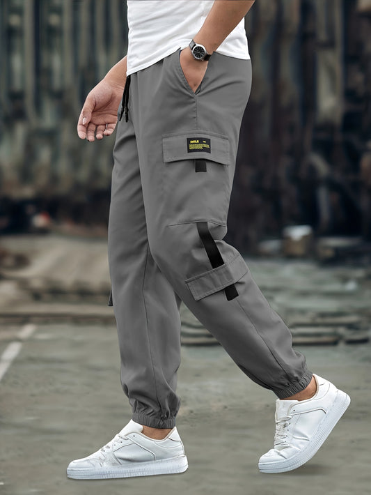 Multi Flap Pockets Cargo Pants, Men's Casual Loose Fit Drawstring Solid Color With Side Black Straps Design Cargo Pants Joggers For Spring Summer Outdoor