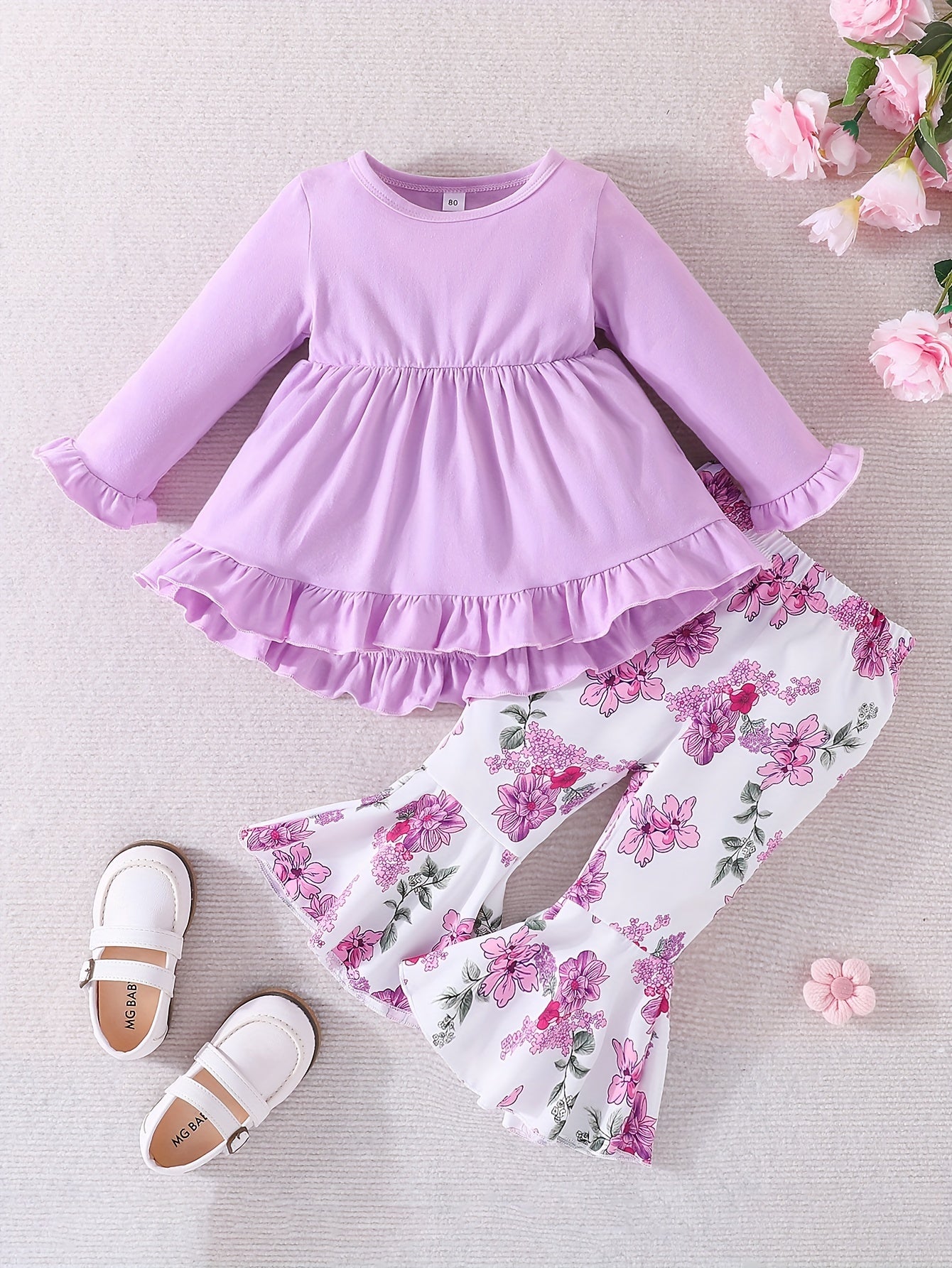 2pcs Baby Girls Long Sleeve Solid Color Dress Top & Flared Floral Pattern Allover Pants Set For Spring And Autumn