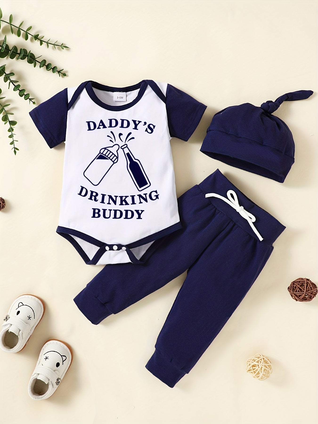 Cute & Casual "DADDY AND ME" Letter Print Outfit - Short Sleeve Onesie Romper & Pants & Hat Baby Boys Set