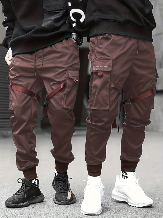 Classic Design Multi Flap Pockets Cargo Pants,Men's Loose Fit Drawstring Kpop Cargo Pants，For Skateboarding,Street,Outdoor Camping