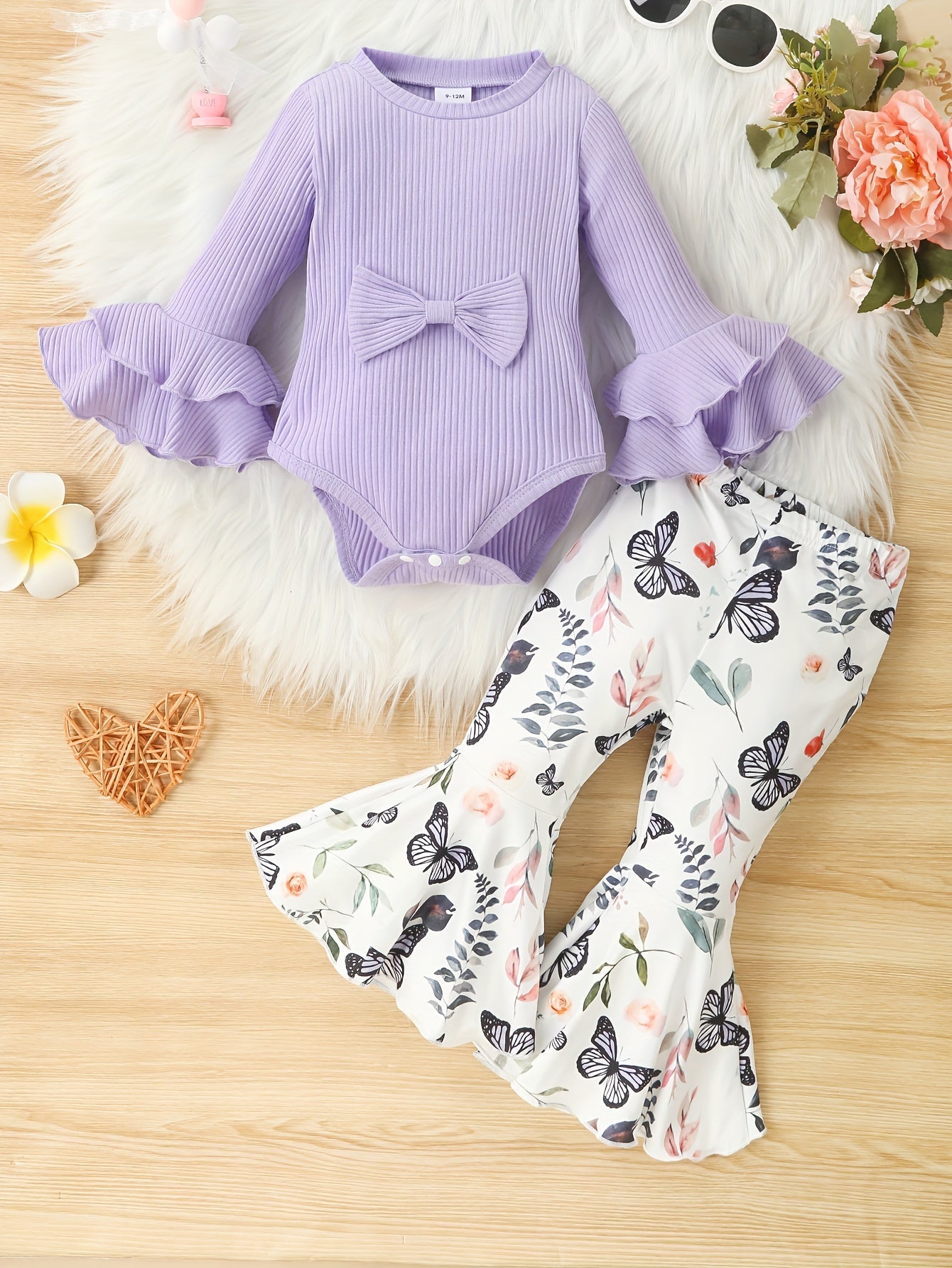 Baby Girl's Long Flared Sleeve Triangle Romper Top + Floral Print Flared Pants Set, Infant Fall Winter Outfit