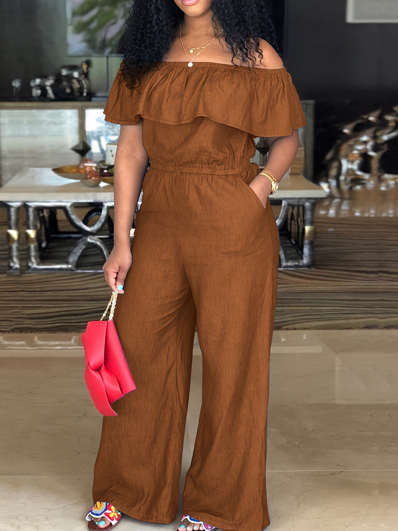 Plus Size Sexy Jumpsuit, Women's Plus Solid Ruffle Trim Off Shoulder Short Sleeve Wide Leg Jumpsuit With Pockets