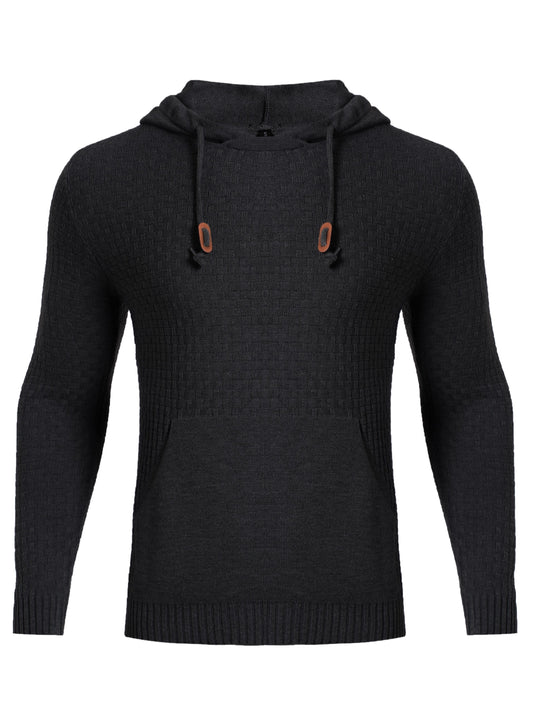 Kangaroo Pocket Hooded Knitted Sweater, Men's Casual Slightly Stretch Cotton Blend Drawstring Pullover Sweater For Fall Winter