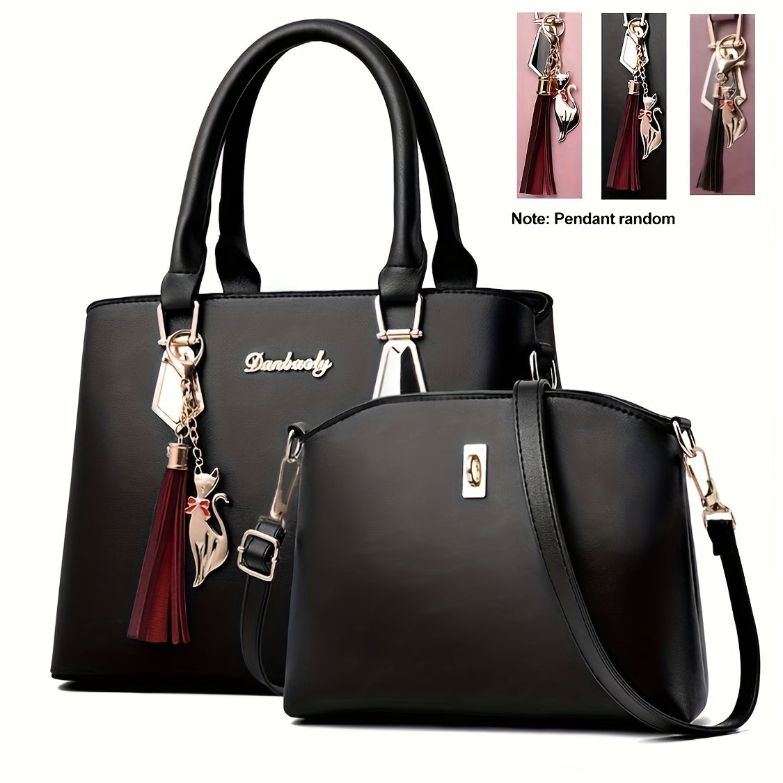 2pcs Tassel Pendant Tote Bag Crossbody Set, PU Leather Large Capacity Shoulder Bag, Casual Versatile Commuter Bag