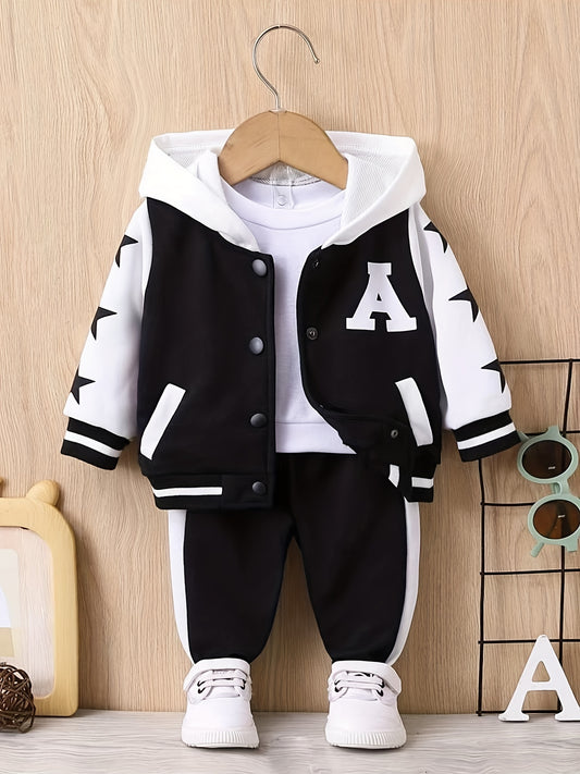 Toddler Baby Trendy A Sign Graphic Color Block Outfits, Warm Hooded Baseball Jacket Coat Pants Casual Set