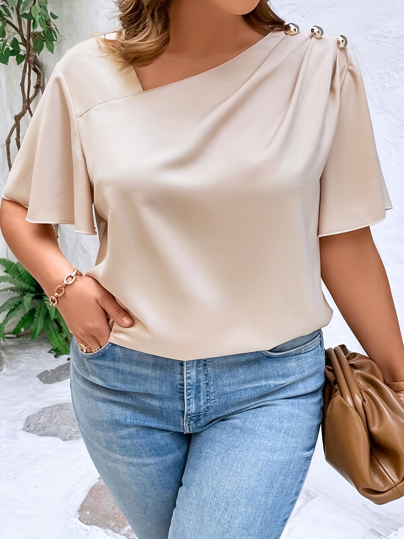 Plus Size Casual Blouse, Women's Plus Solid Flutter Sleeve Irregular Neck Metal Decor Blouse