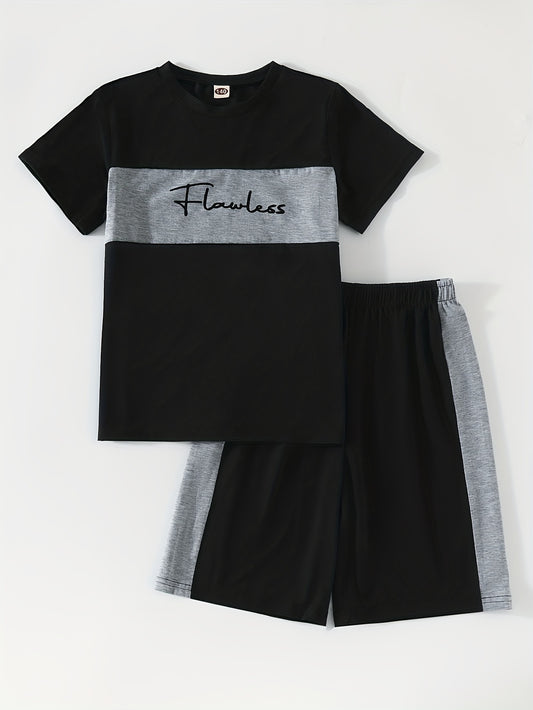 2pcs Boys "Flawless" Color Block Round Neck T-shirt & Shorts Kids Summer Clothes Sets