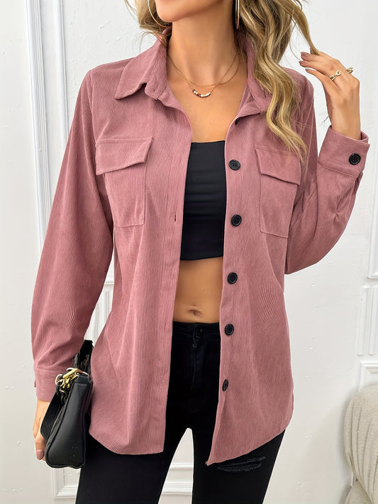 Button Front Flap Pockets Jacket, Casual Long Sleeve Lapel Jacket, Women's Clothing