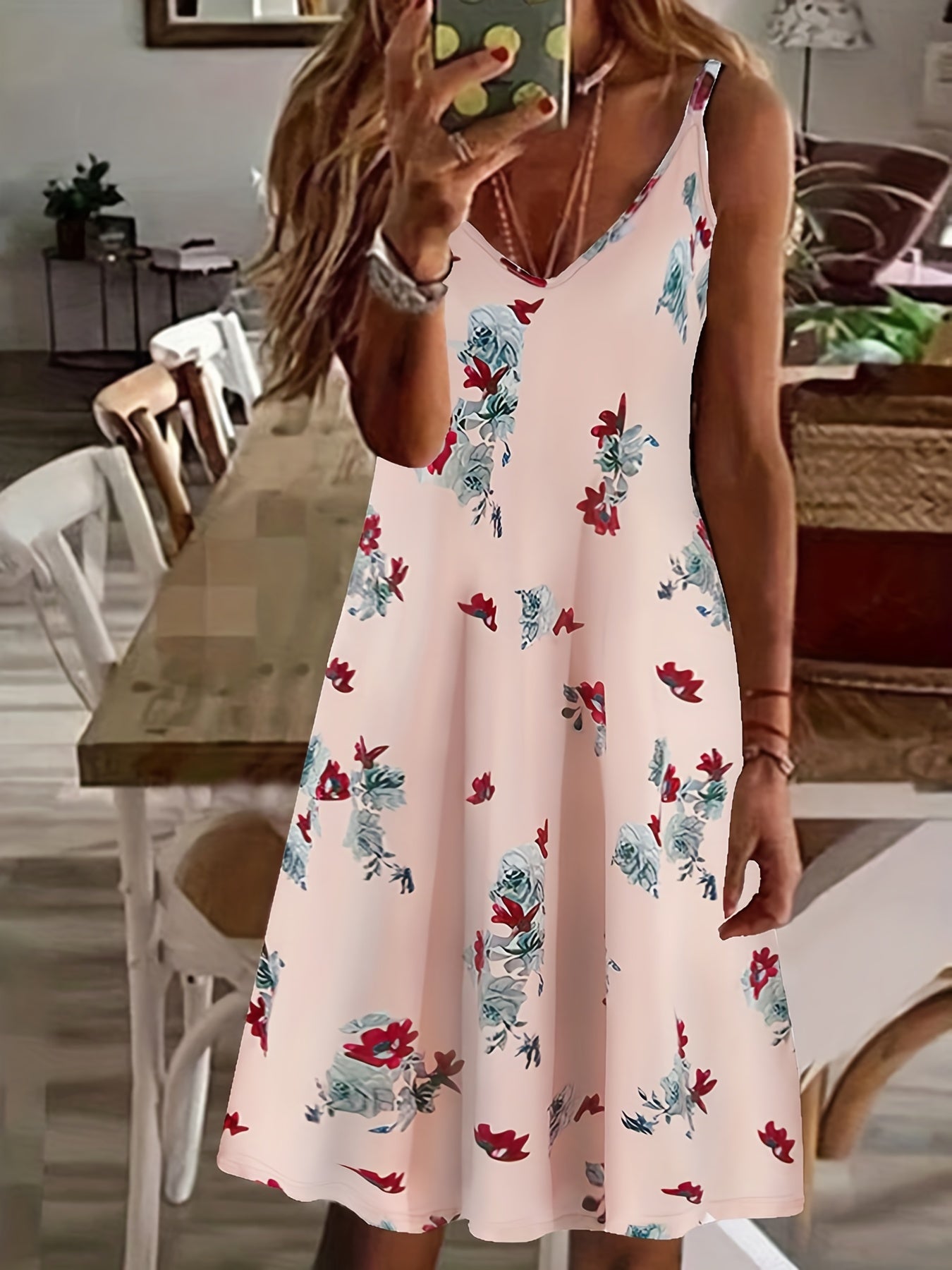 Floral Print Spaghetti Dress, Casual Backless Cami Dress For Summer, Women's Clothing