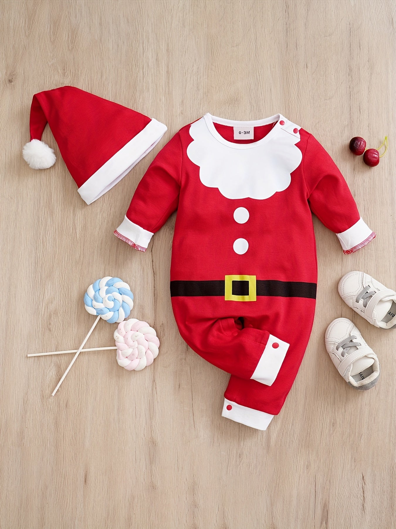 Cute Christmas Costumes - Santa Claus Pattern Long Sleeve Cotton Baby Romper + Hat Baby Infant 2pcs Set