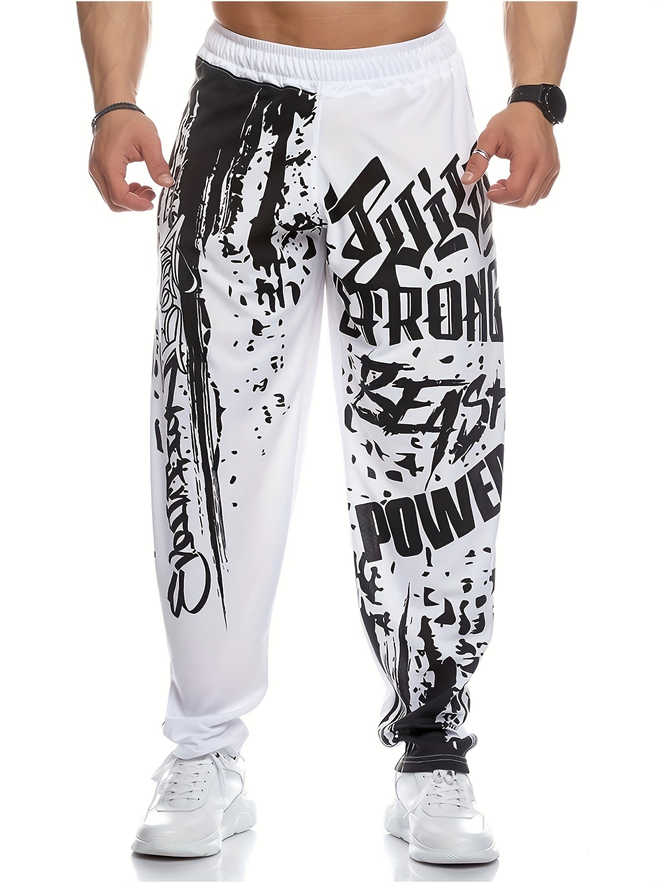 Trendy Loose Fit Printed Joggers, Men's Casual Street Style Stretch Sweatpants For Spring Fall