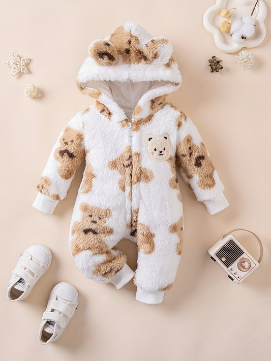 Autumn And Winter Bear Shape Cute Baby Long-sleeved Jumpsuit, Hooded Outside Wear Warm Romper