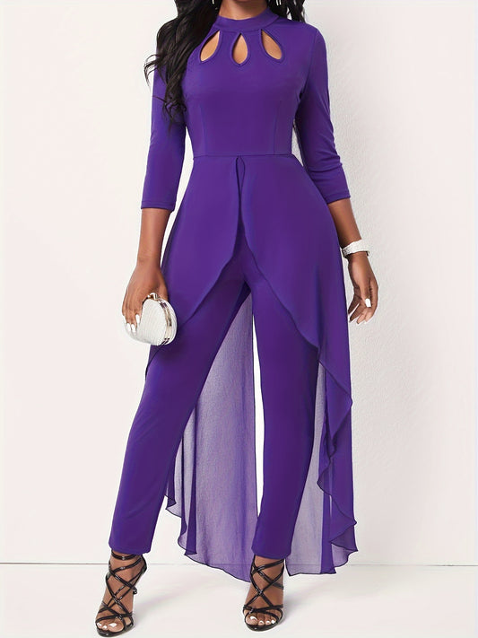Plus Size Casual Jumpsuit, Women's Plus Solid Cut Out Half Sleeve Round Neck Layered Jumpsuit