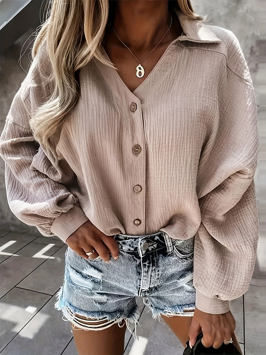 Plus Size Casual Top, Women's Plus Solid Textured Lantern Sleeve Button Up V Neck Loose Fit Top