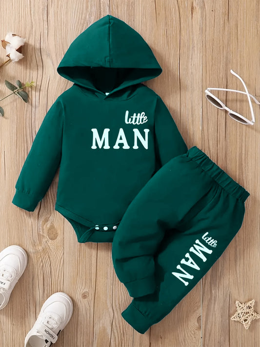 Trendy Hooded Long-sleeved Letter Print Bodysuit + Trousers Set, Baby Boy's Spring And Autumn Outfit
